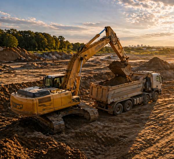 Ein Bagger lädt Erde in einen Muldenkipper auf einer Baustelle Bagger lädt Erde in einen LKW auf einer großen Baustelle